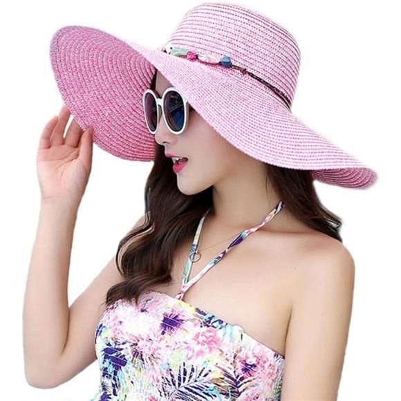 Adrinfly Women Foldable Floppy Wide Brim Straw Sun Hat Travel Packable main image 2